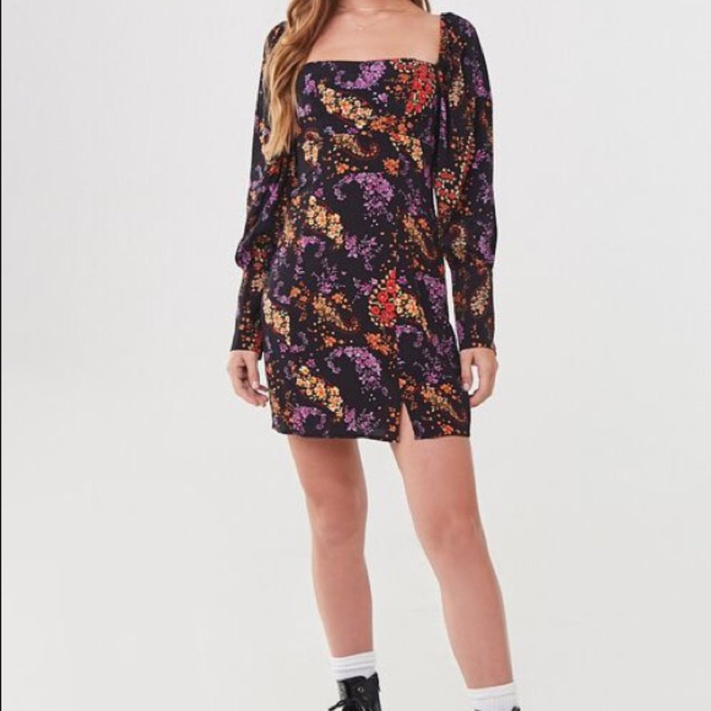 Forever 21 Black Floral Long Sleeve Tie Mini Dress